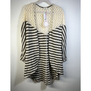 Umgee Open Front Cardigan Size Large Crochet Lace Boho Stripe Sweater Gray New